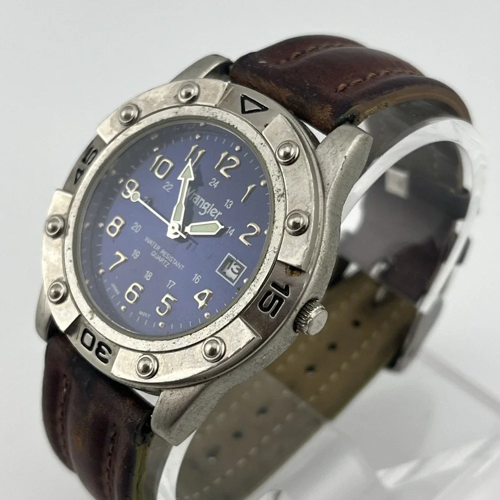 Wrangler Hero Watch Men 40mm Case Blue Dial Brown Leather Band- New Battery‎